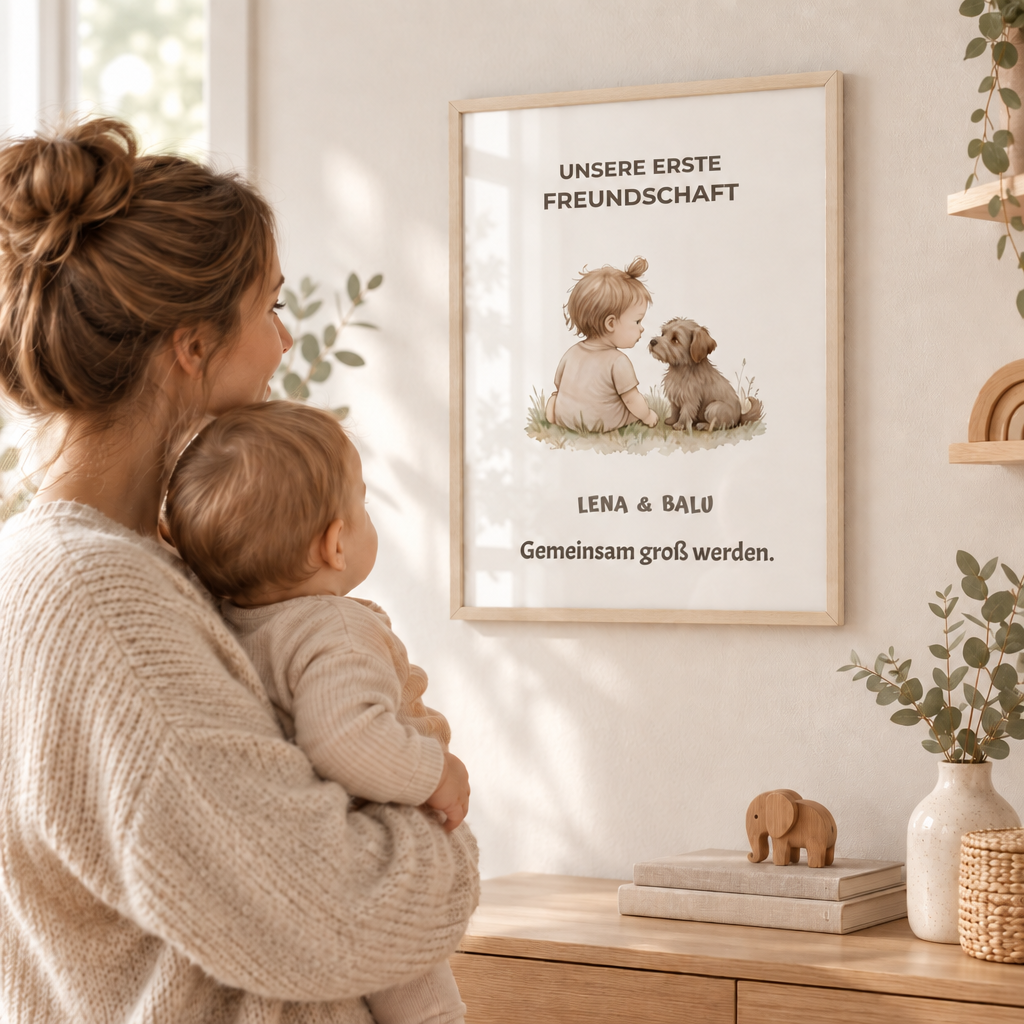 Personalisierter Kinderzimmer Poster – Unsere erste Freundschaft | Baby & Hund