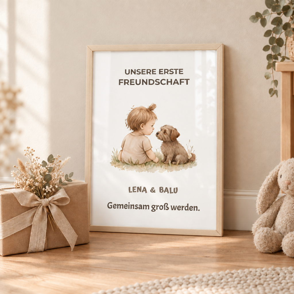 Personalisierter Kinderzimmer Poster – Unsere erste Freundschaft | Baby & Hund