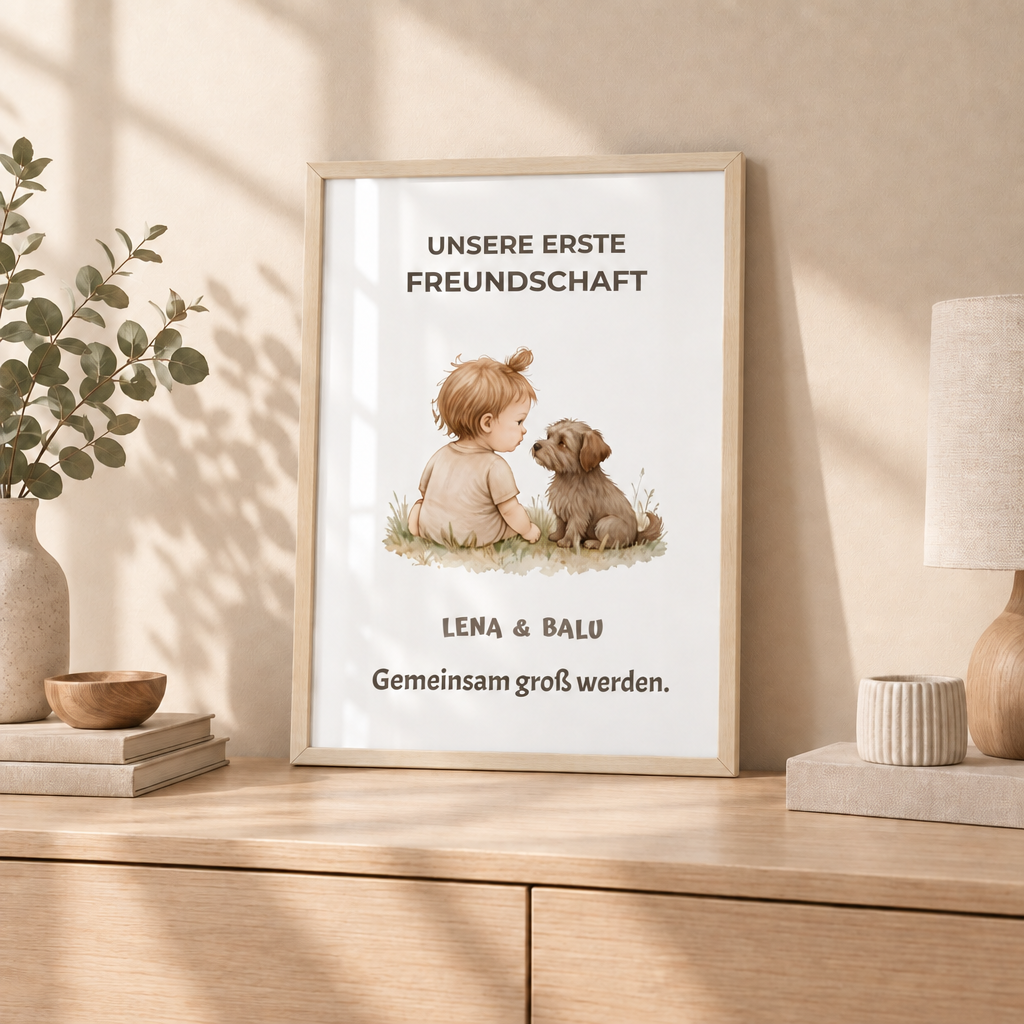Personalisierter Kinderzimmer Poster – Unsere erste Freundschaft | Baby & Hund
