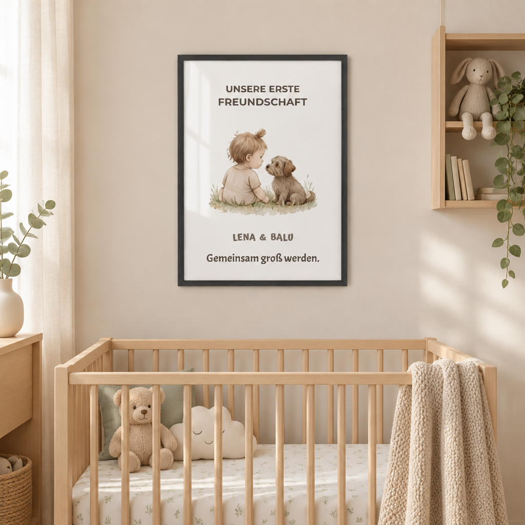Personalisierter Kinderzimmer Poster – Unsere erste Freundschaft | Baby & Hund