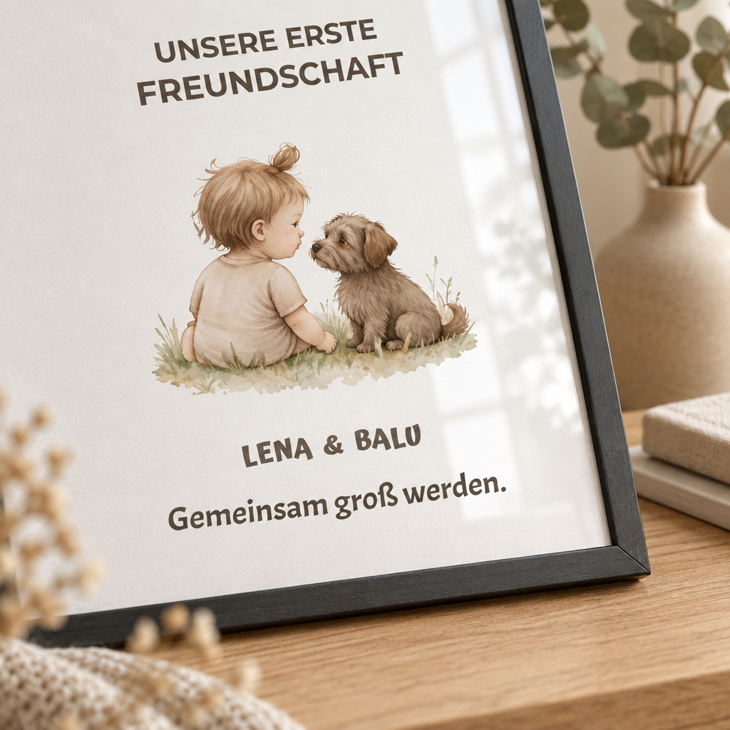 Personalisierter Kinderzimmer Poster – Unsere erste Freundschaft | Baby & Hund