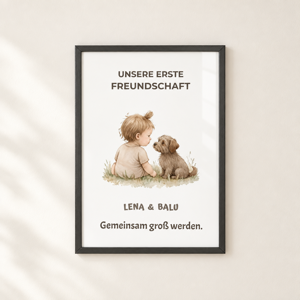 Personalisierter Kinderzimmer Poster – Unsere erste Freundschaft | Baby & Hund