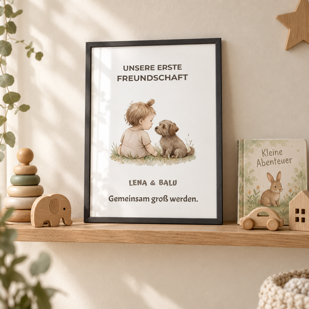 Personalisierter Kinderzimmer Poster – Unsere erste Freundschaft | Baby & Hund