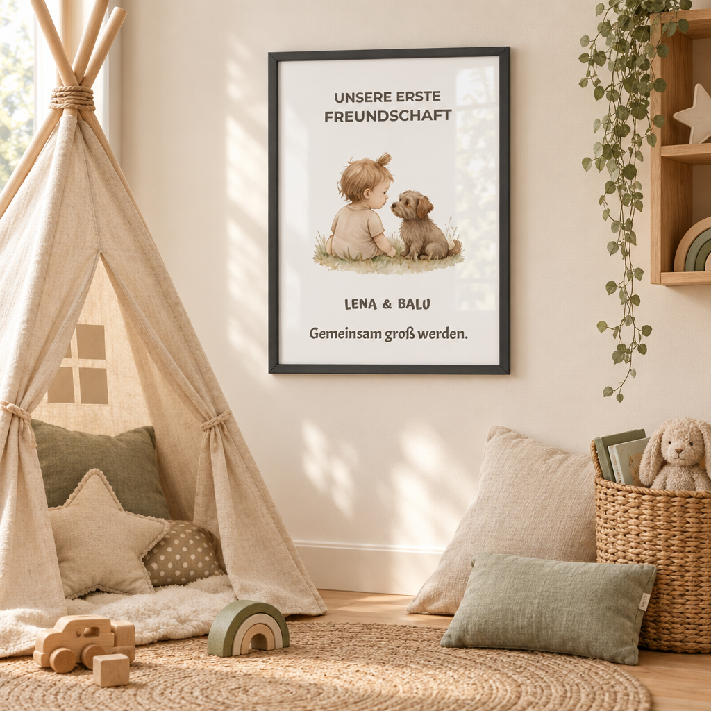 Personalisierter Kinderzimmer Poster – Unsere erste Freundschaft | Baby & Hund