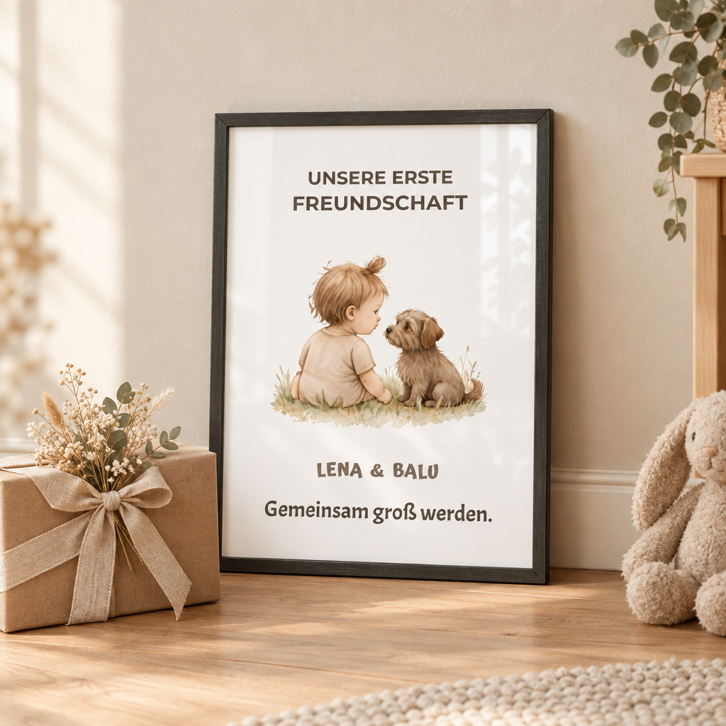 Personalisierter Kinderzimmer Poster – Unsere erste Freundschaft | Baby & Hund