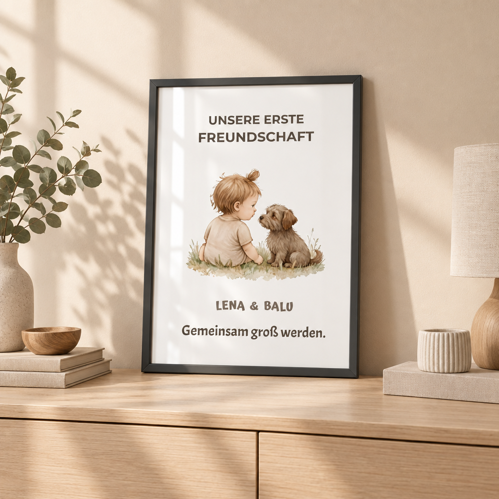 Personalisierter Kinderzimmer Poster – Unsere erste Freundschaft | Baby & Hund