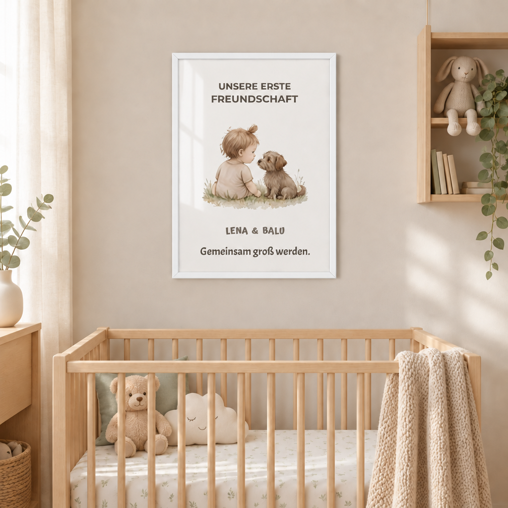 Personalisierter Kinderzimmer Poster – Unsere erste Freundschaft | Baby & Hund
