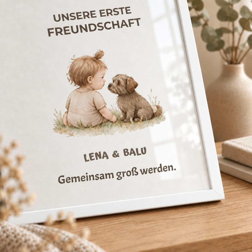 Personalisierter Kinderzimmer Poster – Unsere erste Freundschaft | Baby & Hund