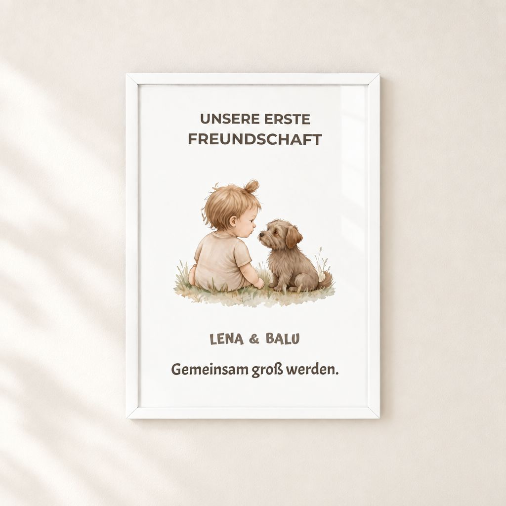 Personalisierter Kinderzimmer Poster – Unsere erste Freundschaft | Baby & Hund