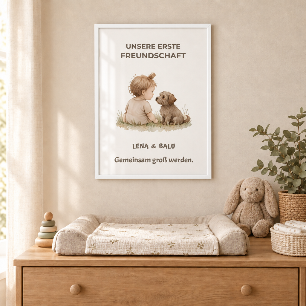 Personalisierter Kinderzimmer Poster – Unsere erste Freundschaft | Baby & Hund