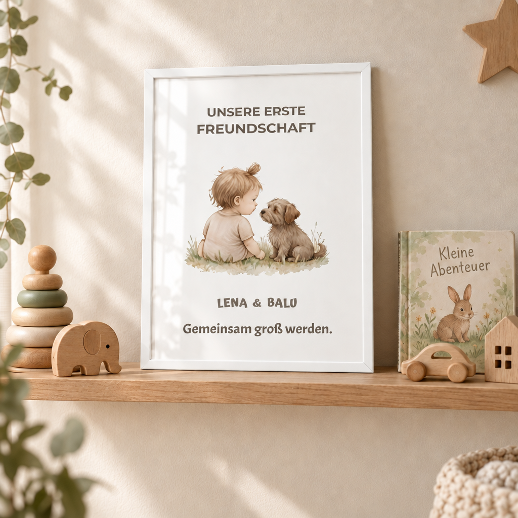 Personalisierter Kinderzimmer Poster – Unsere erste Freundschaft | Baby & Hund