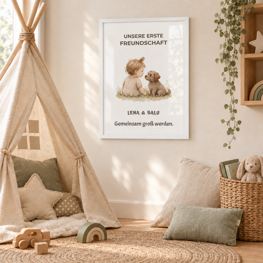 Personalisierter Kinderzimmer Poster – Unsere erste Freundschaft | Baby & Hund