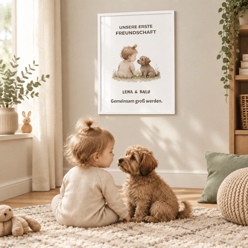 Personalisierter Kinderzimmer Poster – Unsere erste Freundschaft | Baby & Hund