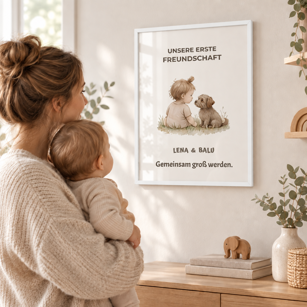 Personalisierter Kinderzimmer Poster – Unsere erste Freundschaft | Baby & Hund