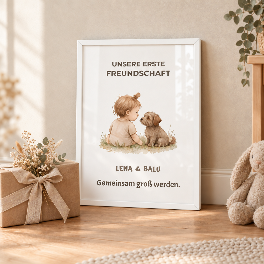 Personalisierter Kinderzimmer Poster – Unsere erste Freundschaft | Baby & Hund
