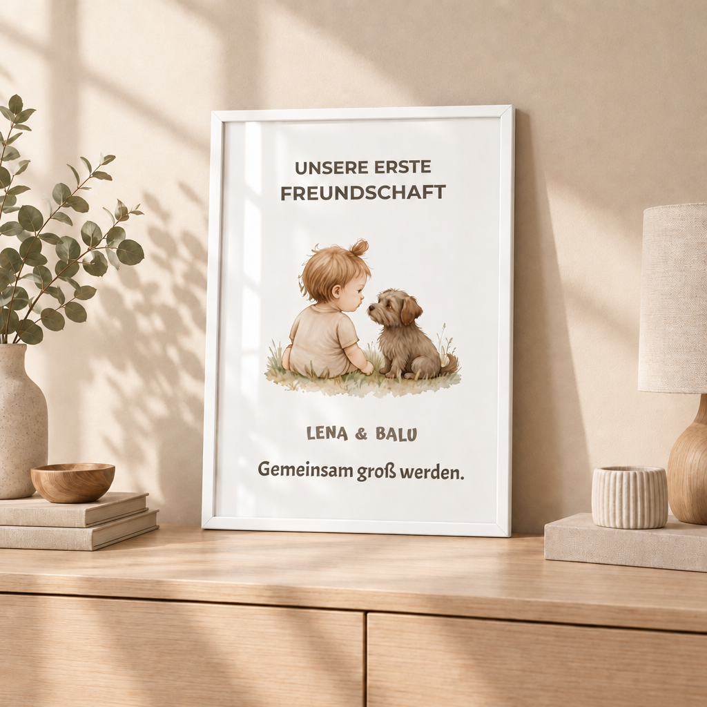 Personalisierter Kinderzimmer Poster – Unsere erste Freundschaft | Baby & Hund